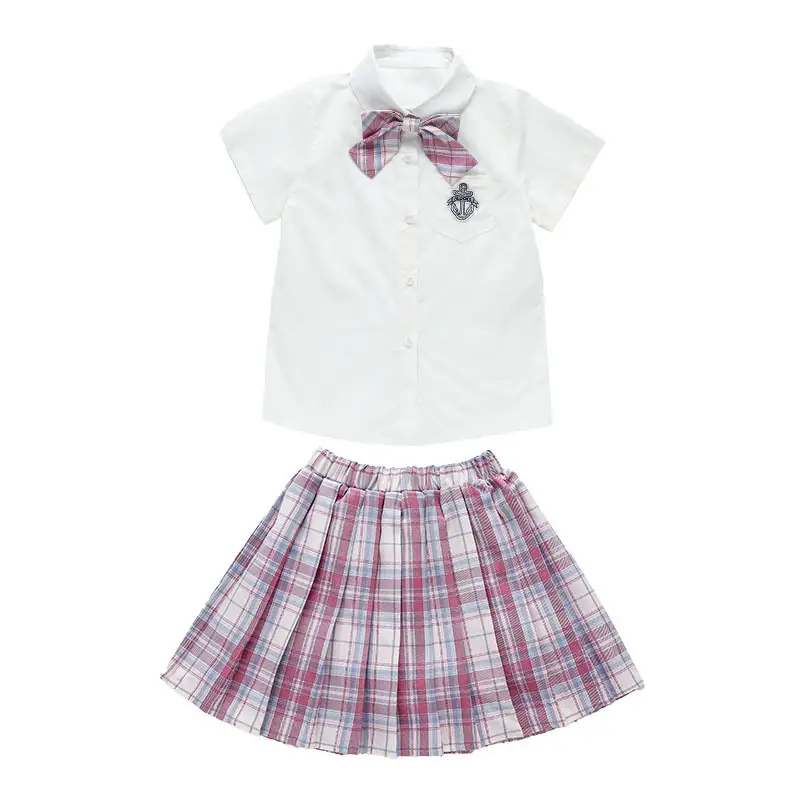 Girls Plaid Pleated Skirt Set Summer School Uniform
