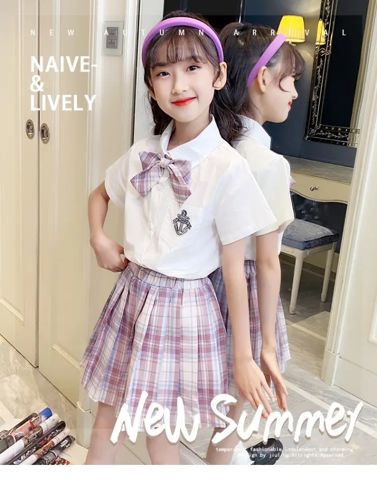 Girls Plaid Pleated Skirt Set Summer School Uniform — feature 1