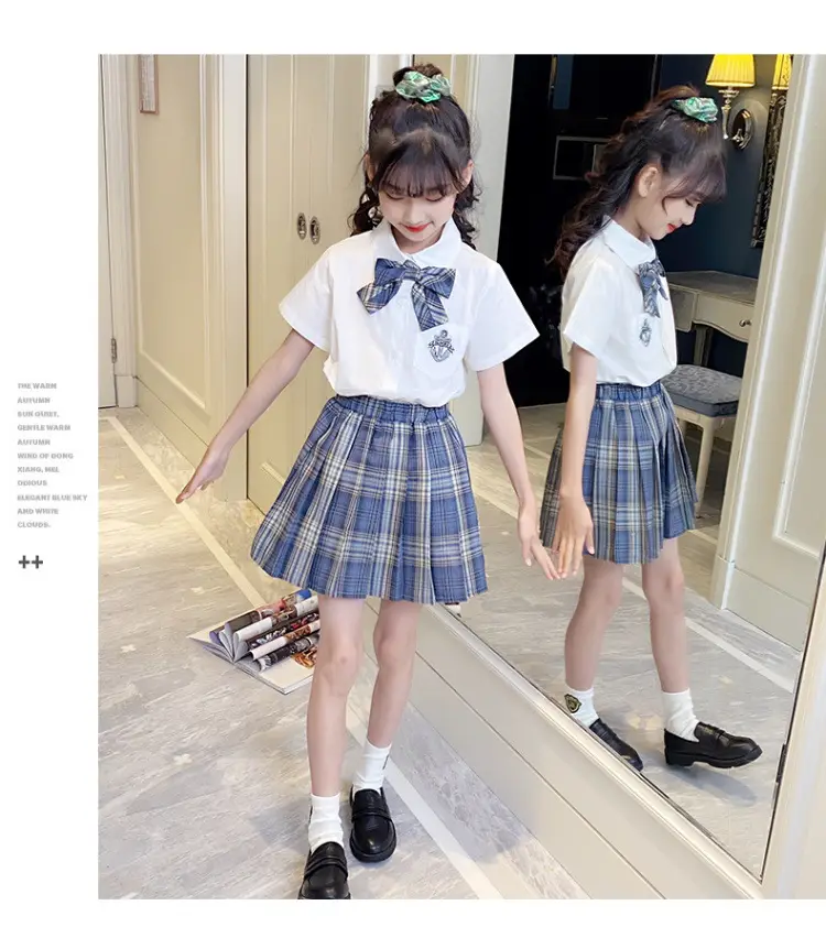 Girls Plaid Pleated Skirt Set Summer School Uniform — feature 10