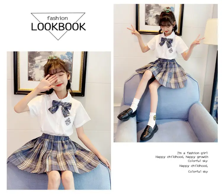 Girls Plaid Pleated Skirt Set Summer School Uniform — feature 11