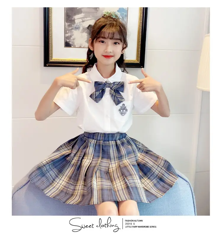 Girls Plaid Pleated Skirt Set Summer School Uniform — feature 12
