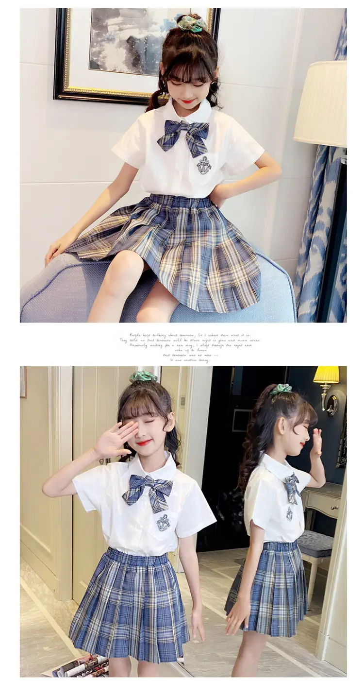 Girls Plaid Pleated Skirt Set Summer School Uniform — feature 13