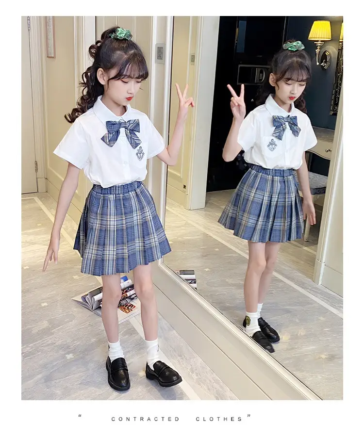 Girls Plaid Pleated Skirt Set Summer School Uniform — feature 15