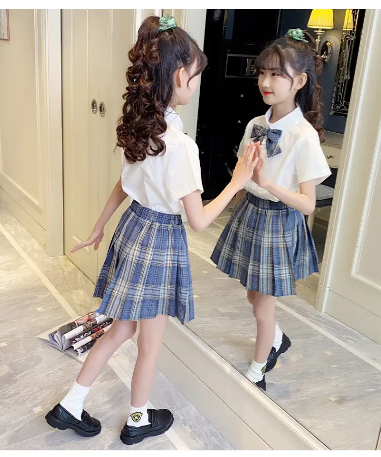Girls Plaid Pleated Skirt Set Summer School Uniform — feature 16