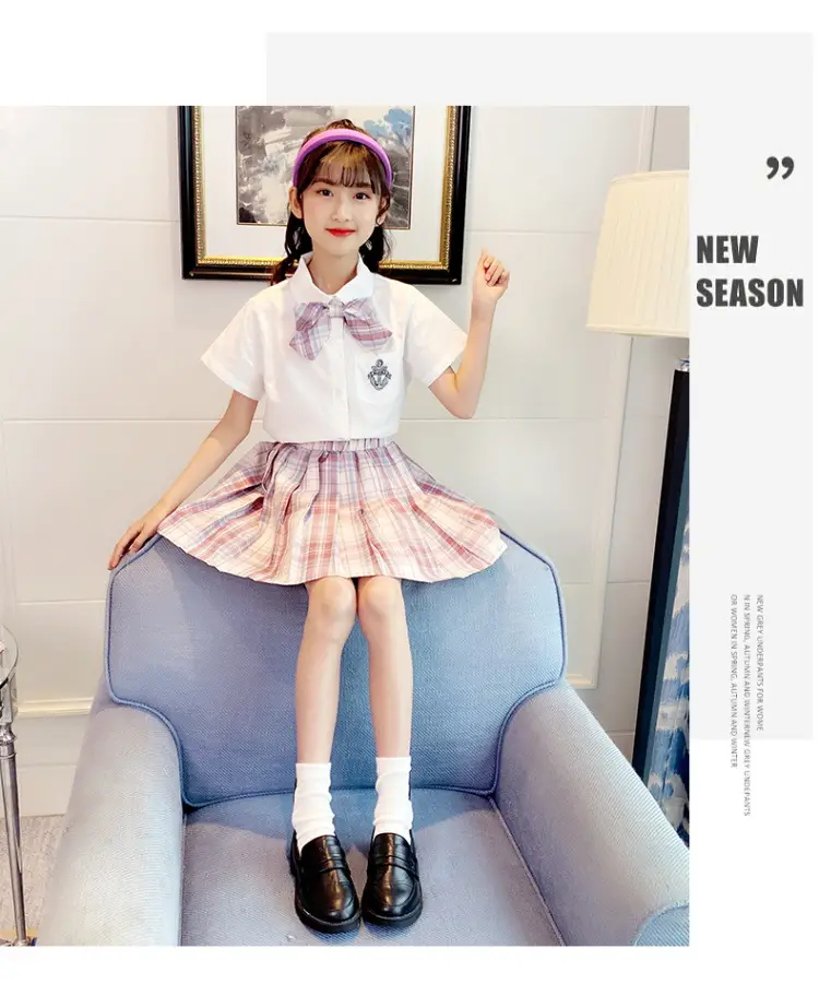 Girls Plaid Pleated Skirt Set Summer School Uniform — feature 17