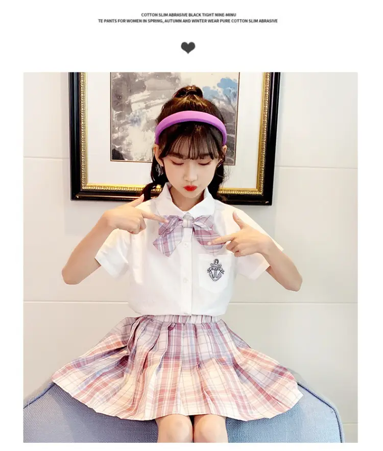 Girls Plaid Pleated Skirt Set Summer School Uniform — feature 18