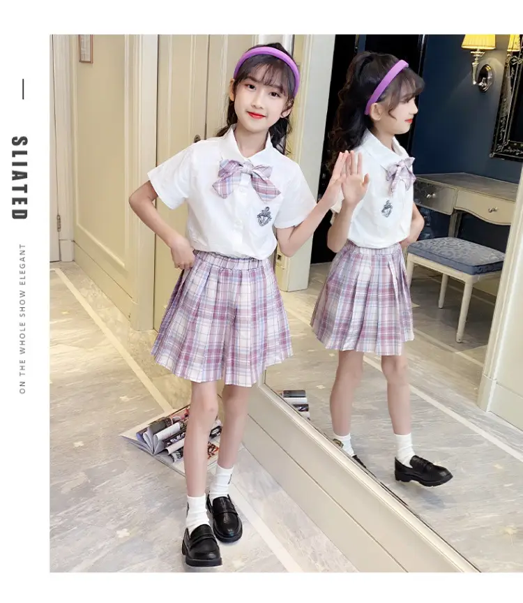 Girls Plaid Pleated Skirt Set Summer School Uniform — feature 19