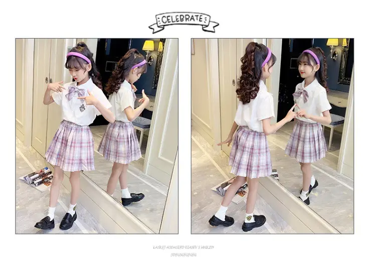Girls Plaid Pleated Skirt Set Summer School Uniform — feature 20