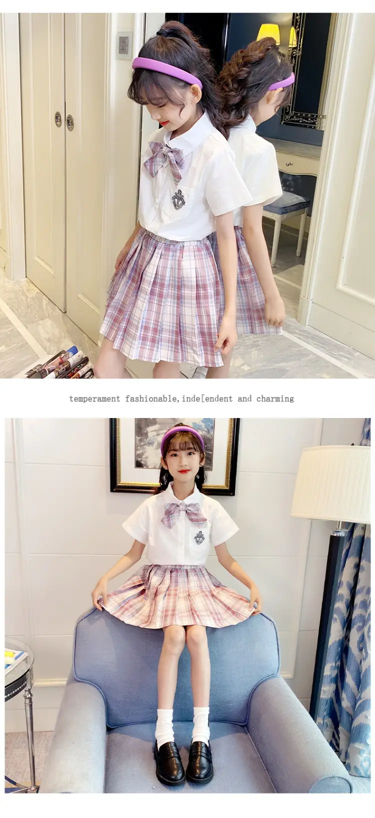 Girls Plaid Pleated Skirt Set Summer School Uniform — feature 21