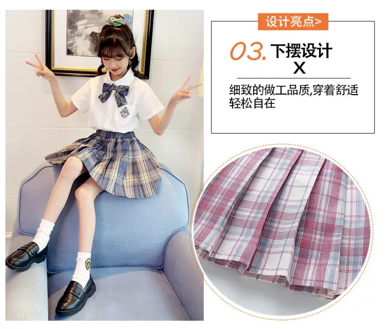 Girls Plaid Pleated Skirt Set Summer School Uniform — feature 4