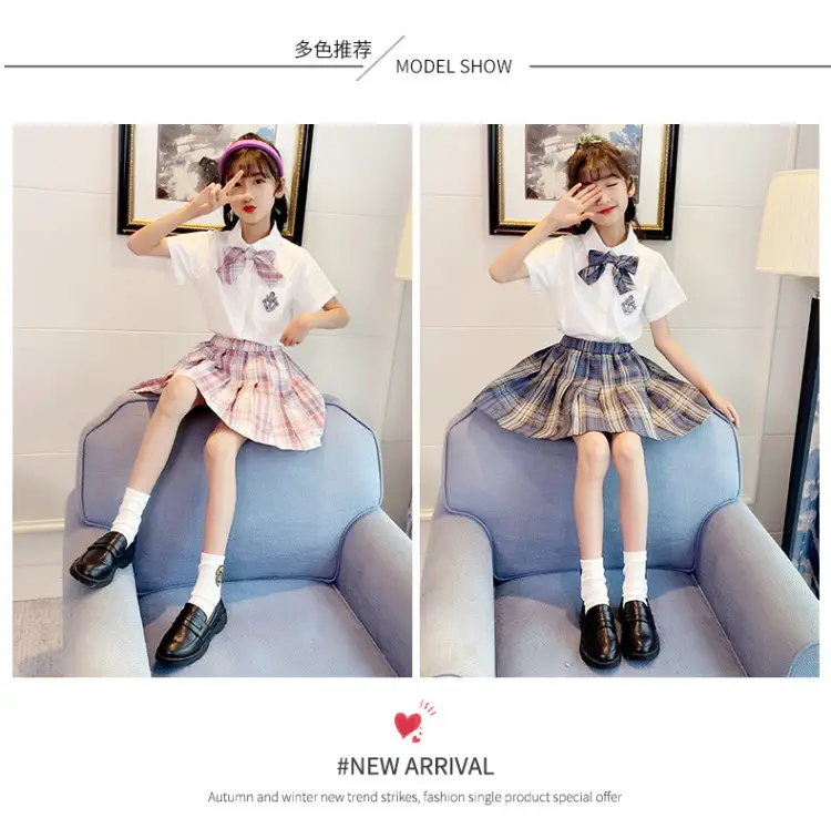 Girls Plaid Pleated Skirt Set Summer School Uniform — feature 8
