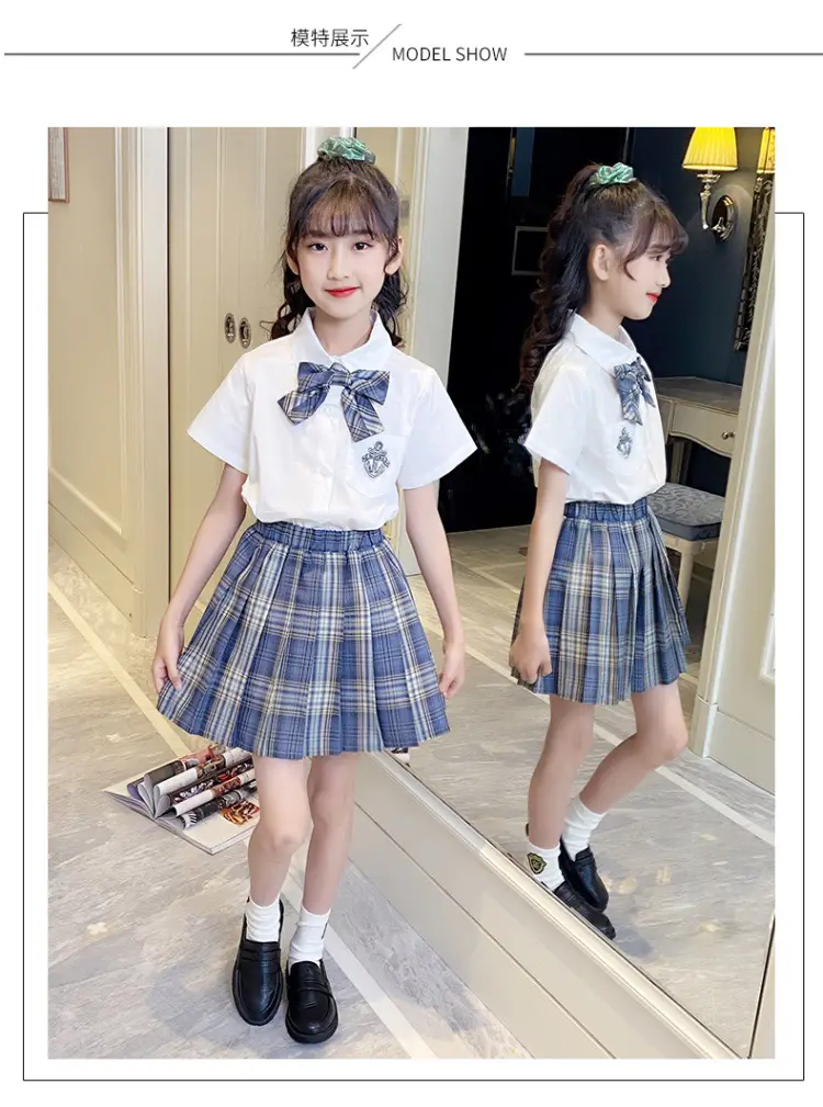 Girls Plaid Pleated Skirt Set Summer School Uniform — feature 9
