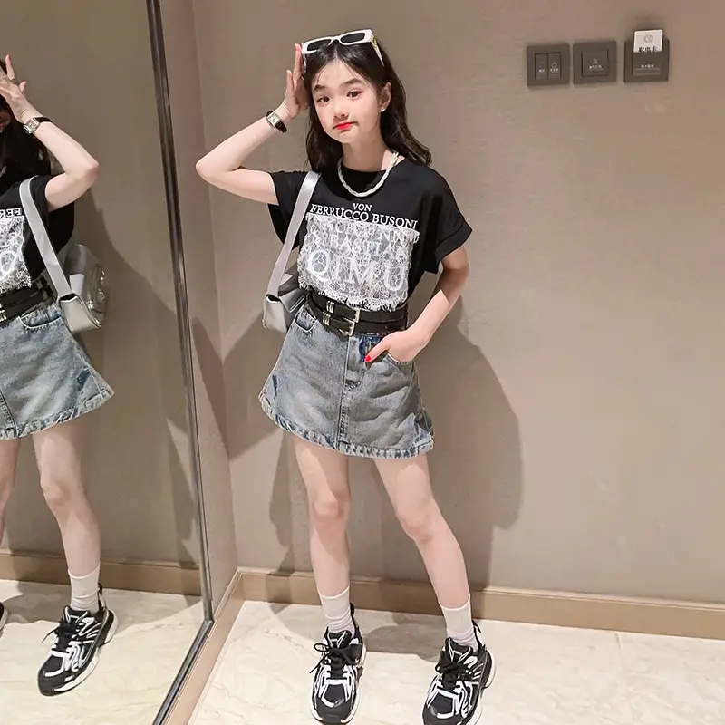 Girls 2-Piece Denim Skirt & Lace Top Set Medium Large - Image 2
