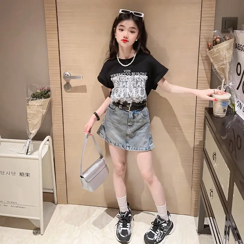 Girls 2-Piece Denim Skirt & Lace Top Set Medium Large - Image 4