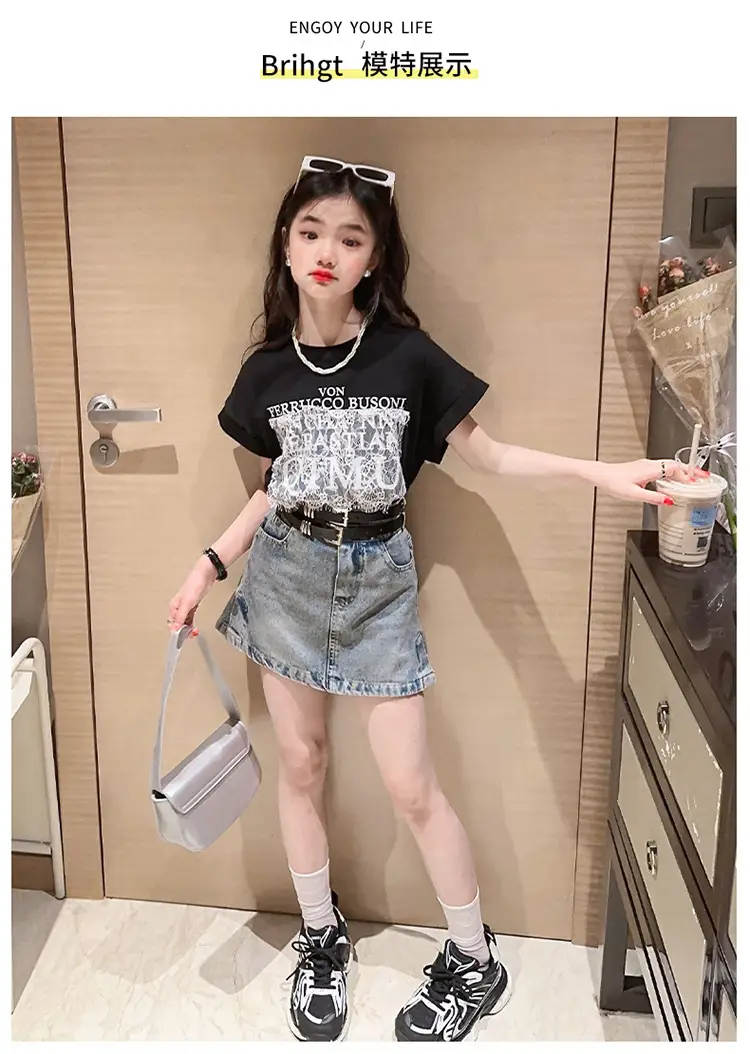 Girls 2-Piece Denim Skirt & Lace Top Set Medium Large — feature 10