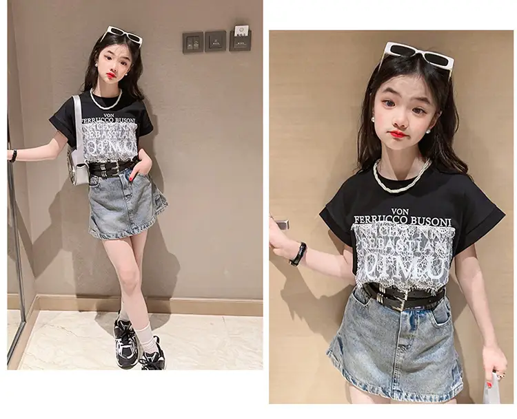Girls 2-Piece Denim Skirt & Lace Top Set Medium Large — feature 13