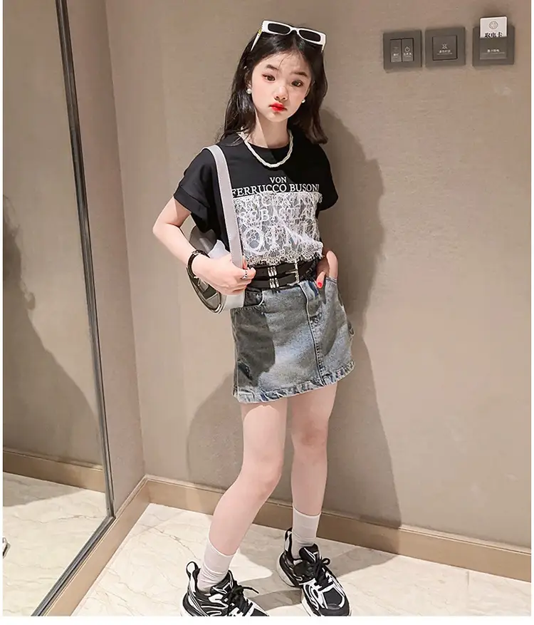 Girls 2-Piece Denim Skirt & Lace Top Set Medium Large — feature 14
