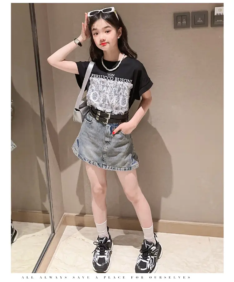 Girls 2-Piece Denim Skirt & Lace Top Set Medium Large — feature 15