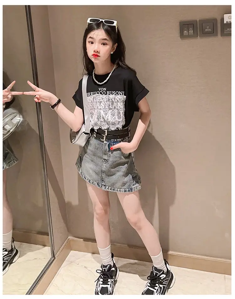 Girls 2-Piece Denim Skirt & Lace Top Set Medium Large — feature 17