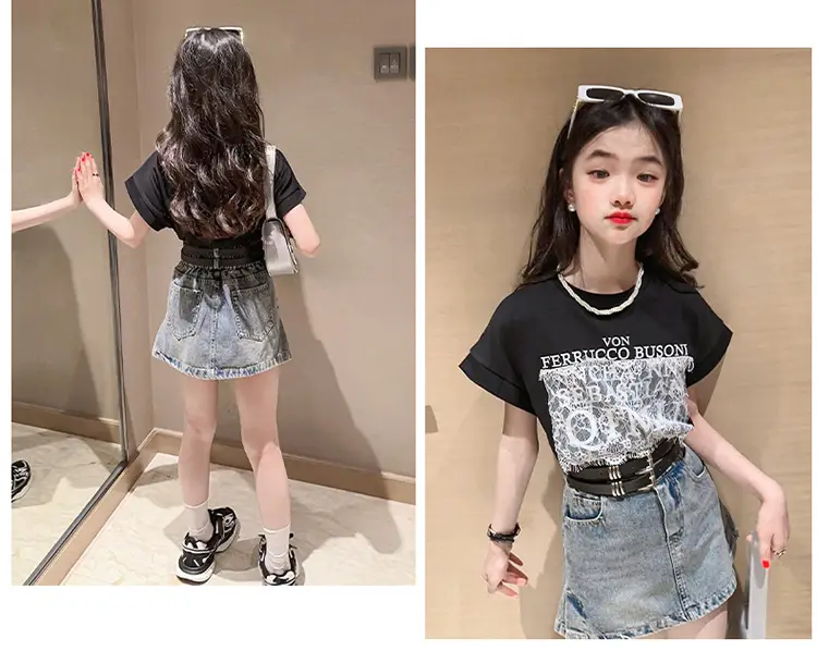 Girls 2-Piece Denim Skirt & Lace Top Set Medium Large — feature 19