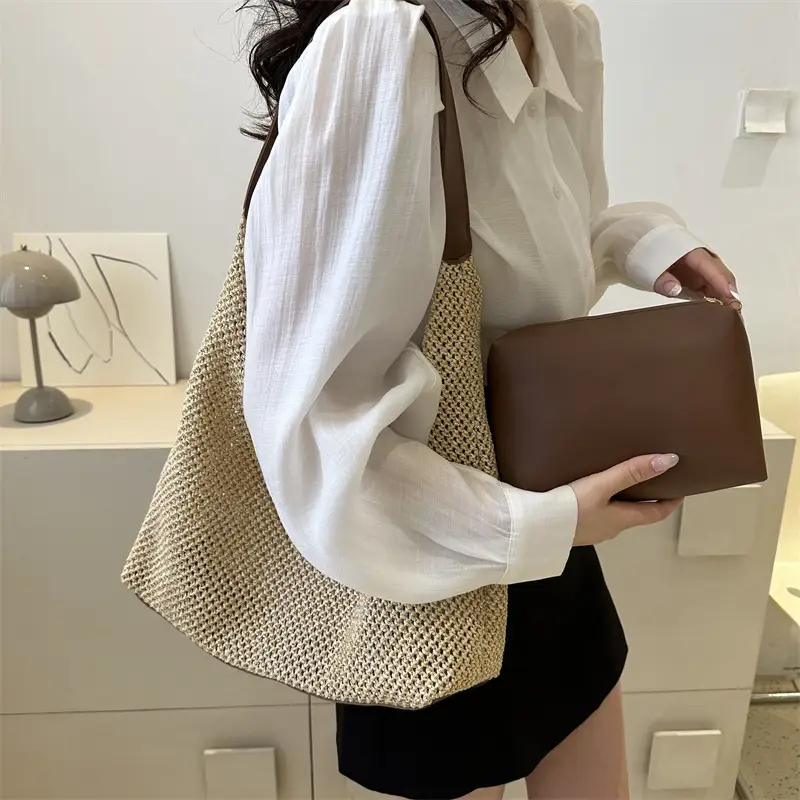 Large Capacity Woven Tan Shoulder Bag with Yellow Strap - Image 5
