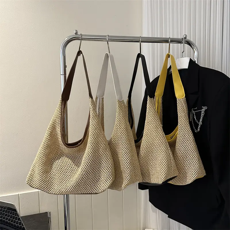 Large Capacity Woven Tan Shoulder Bag with Yellow Strap - Image 7