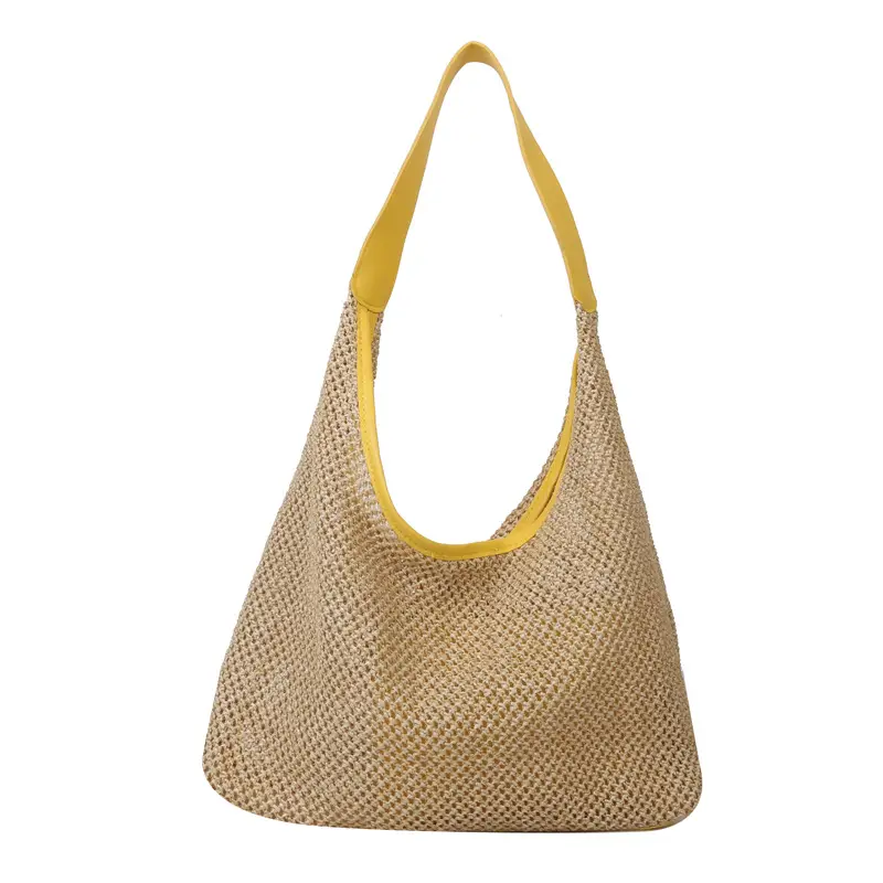 Large Capacity Woven Tan Shoulder Bag with Yellow Strap - Image 8