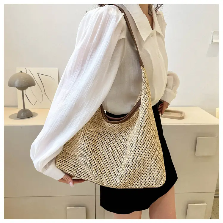 Large Capacity Woven Tan Shoulder Bag with Yellow Strap — feature 10