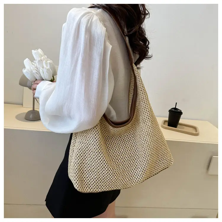 Large Capacity Woven Tan Shoulder Bag with Yellow Strap — feature 11