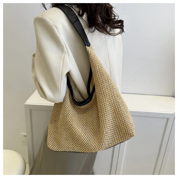 Large Capacity Woven Tan Shoulder Bag with Yellow Strap — feature 12