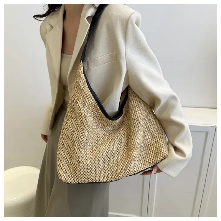 Large Capacity Woven Tan Shoulder Bag with Yellow Strap — feature 13
