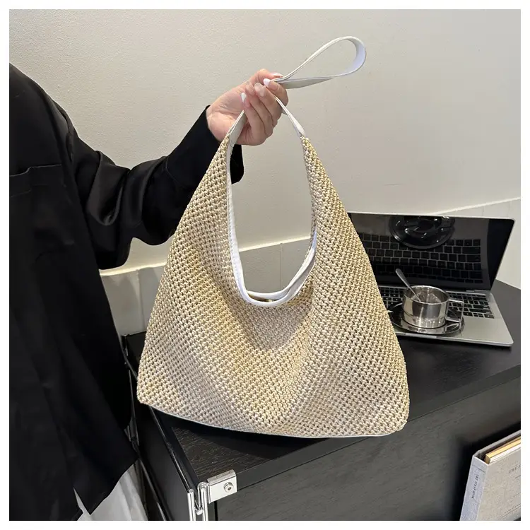 Large Capacity Woven Tan Shoulder Bag with Yellow Strap — feature 14