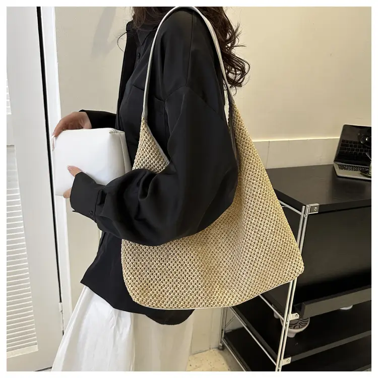 Large Capacity Woven Tan Shoulder Bag with Yellow Strap — feature 15