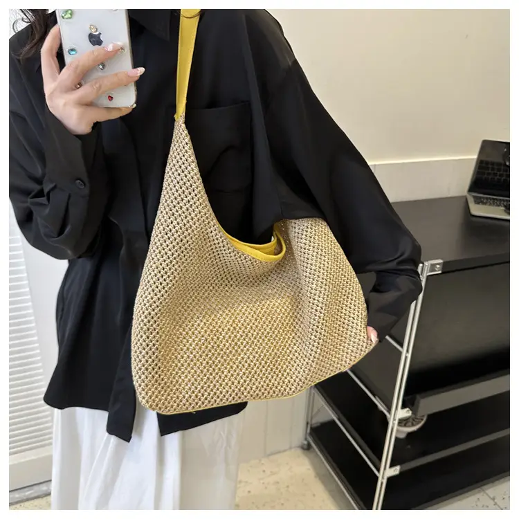 Large Capacity Woven Tan Shoulder Bag with Yellow Strap — feature 16