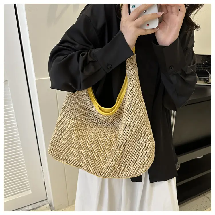 Large Capacity Woven Tan Shoulder Bag with Yellow Strap — feature 17