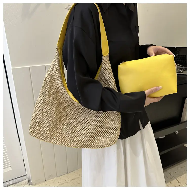 Large Capacity Woven Tan Shoulder Bag with Yellow Strap — feature 18