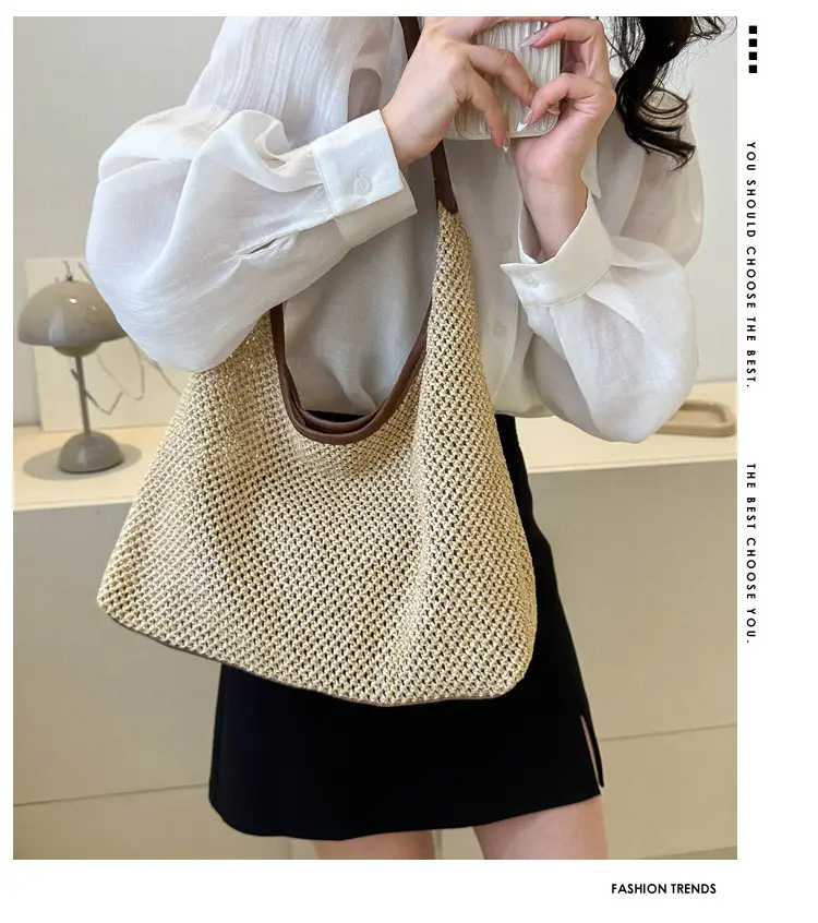 Large Capacity Woven Tan Shoulder Bag with Yellow Strap — feature 2