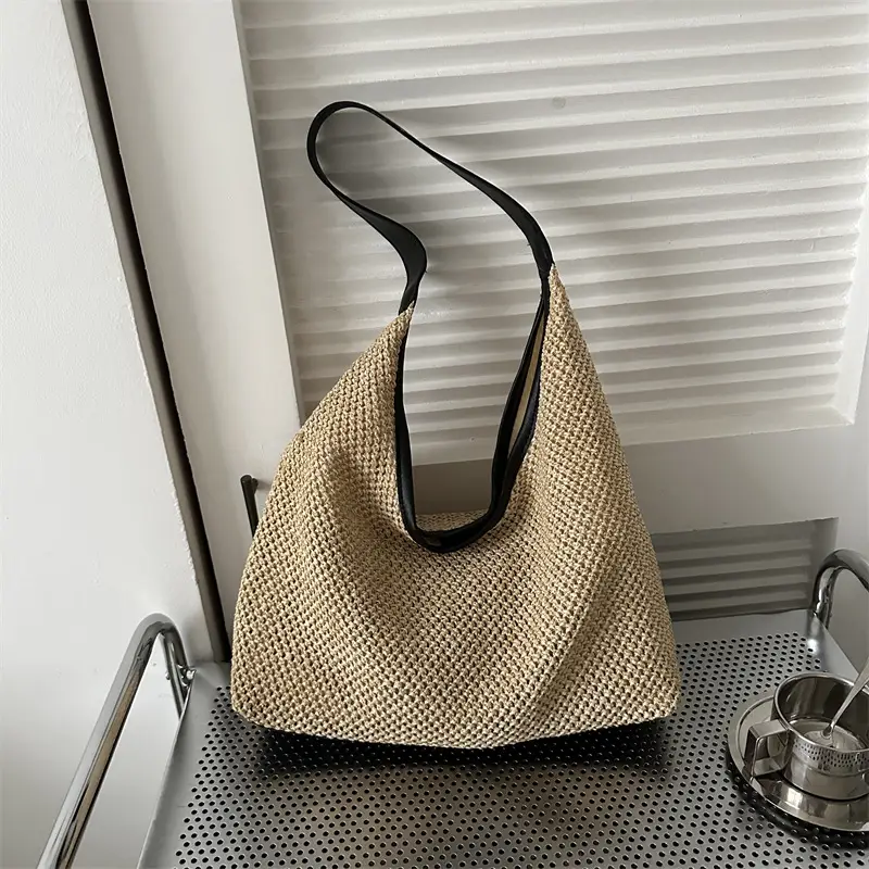 Large Capacity Woven Tan Shoulder Bag with Yellow Strap — feature 21