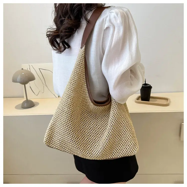 Large Capacity Woven Tan Shoulder Bag with Yellow Strap — feature 9