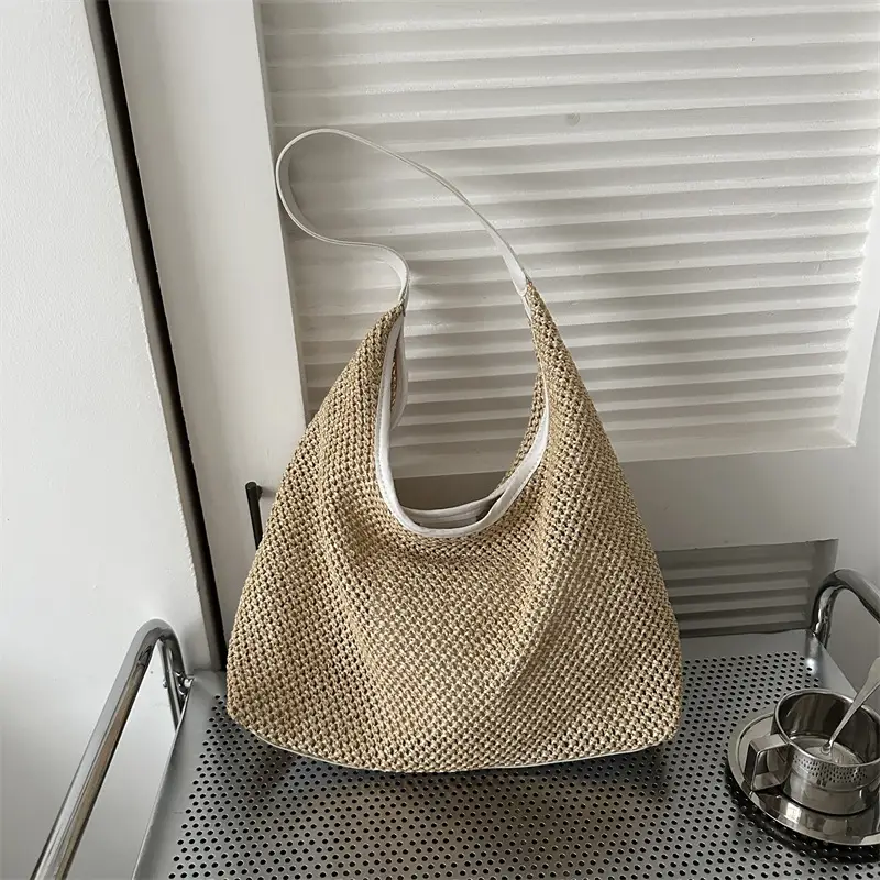 Large Capacity Woven Tan Shoulder Bag with Yellow Strap - Image 2