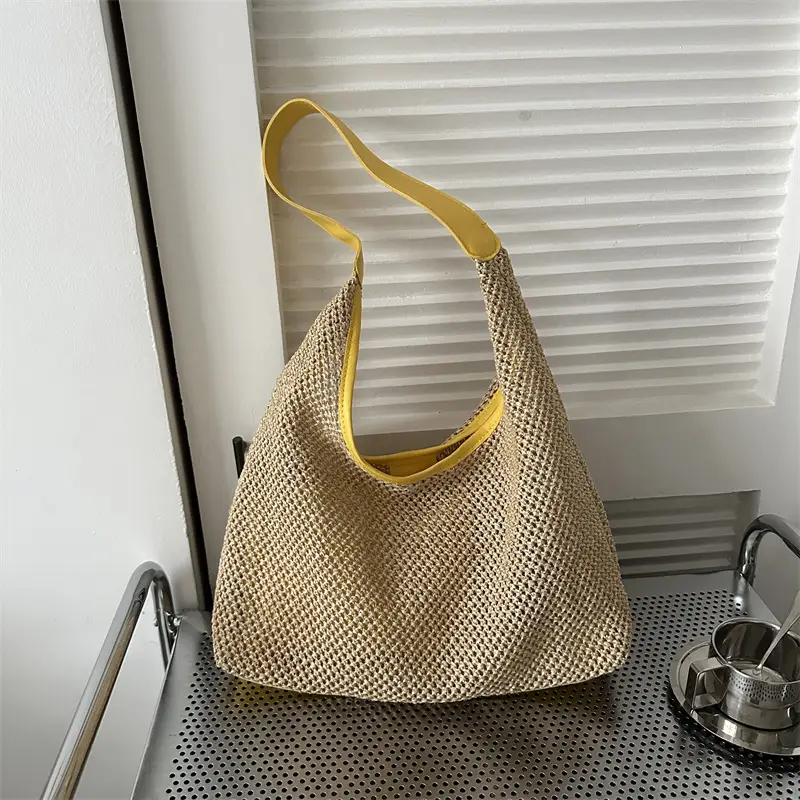 Large Capacity Woven Tan Shoulder Bag with Yellow Strap - Image 3