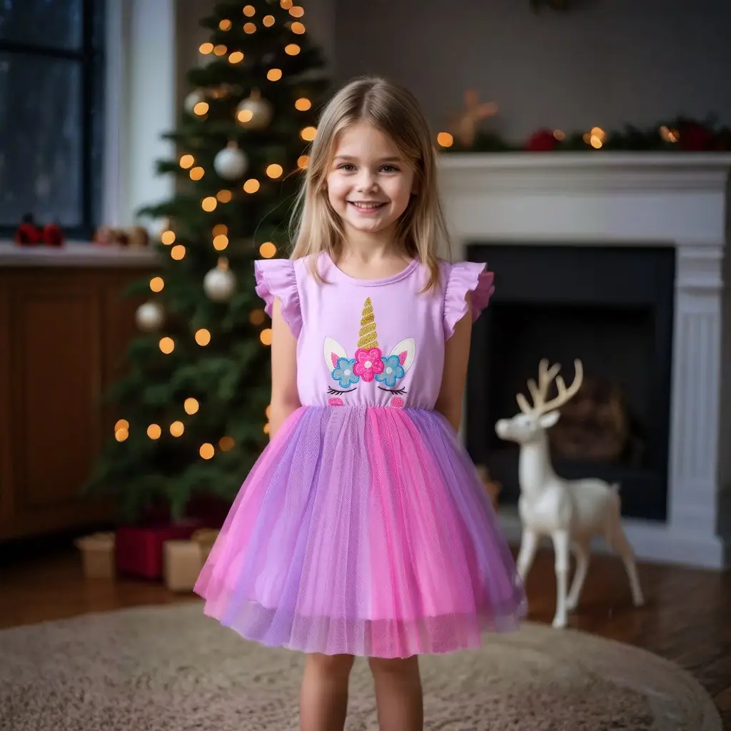 Girls Unicorn Mesh Dress Pink Blue 2025 Summer - Image 5