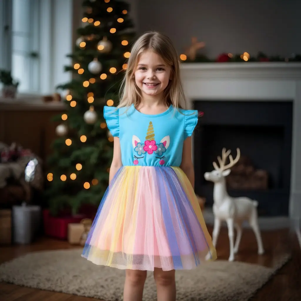 Girls Unicorn Mesh Dress Pink Blue 2025 Summer - Image 6