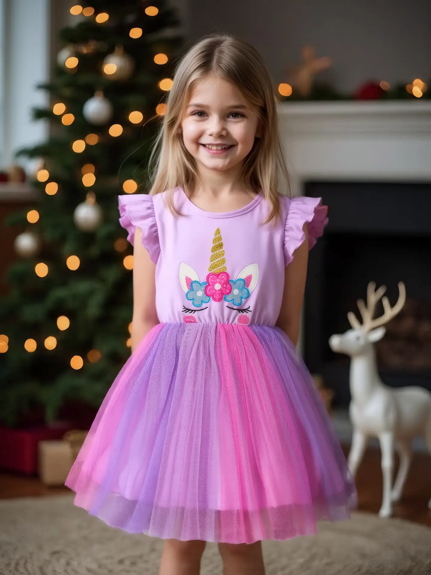 Girls Unicorn Mesh Dress Pink Blue 2025 Summer — feature 1