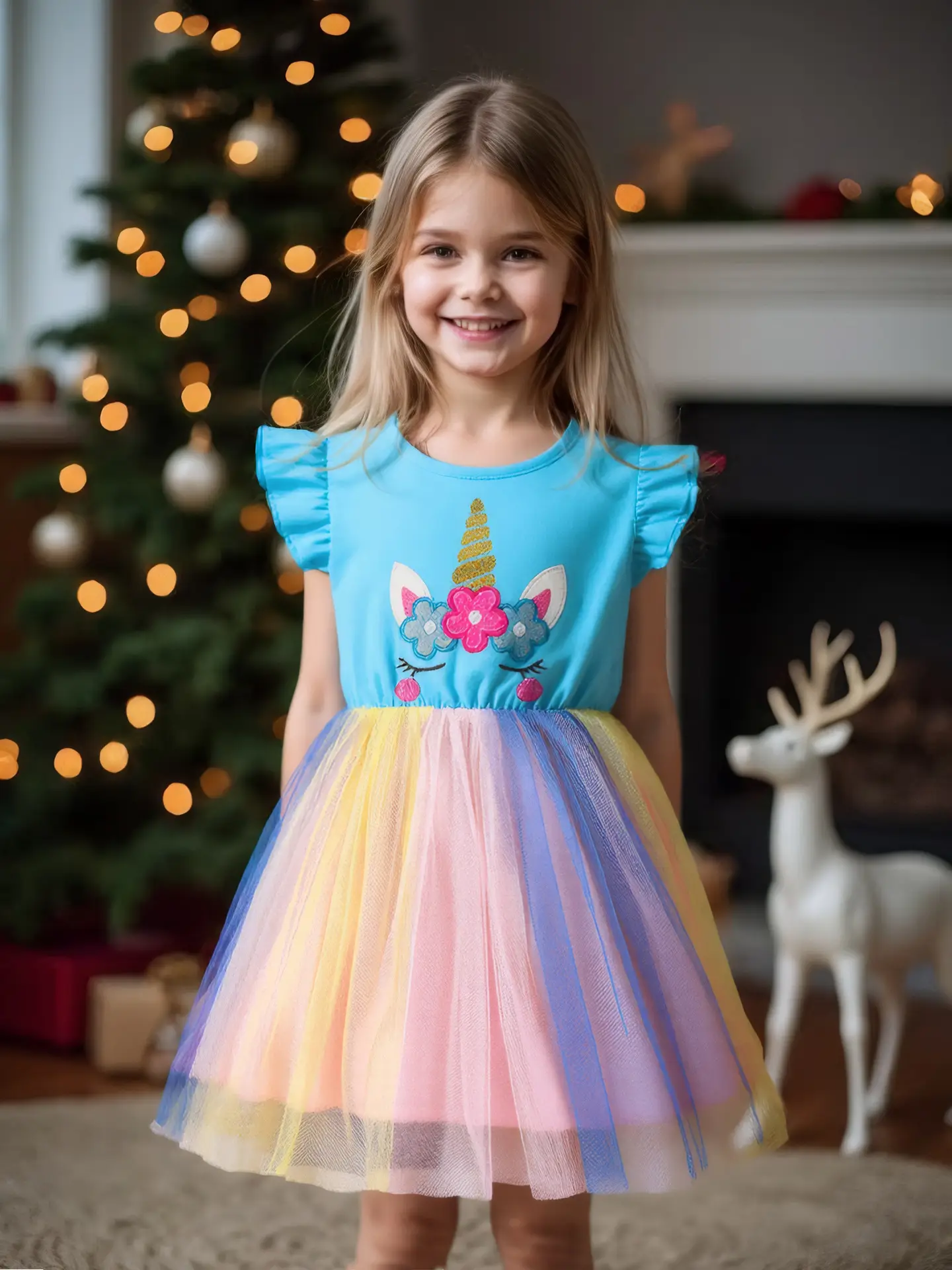 Girls Unicorn Mesh Dress Pink Blue 2025 Summer — feature 2