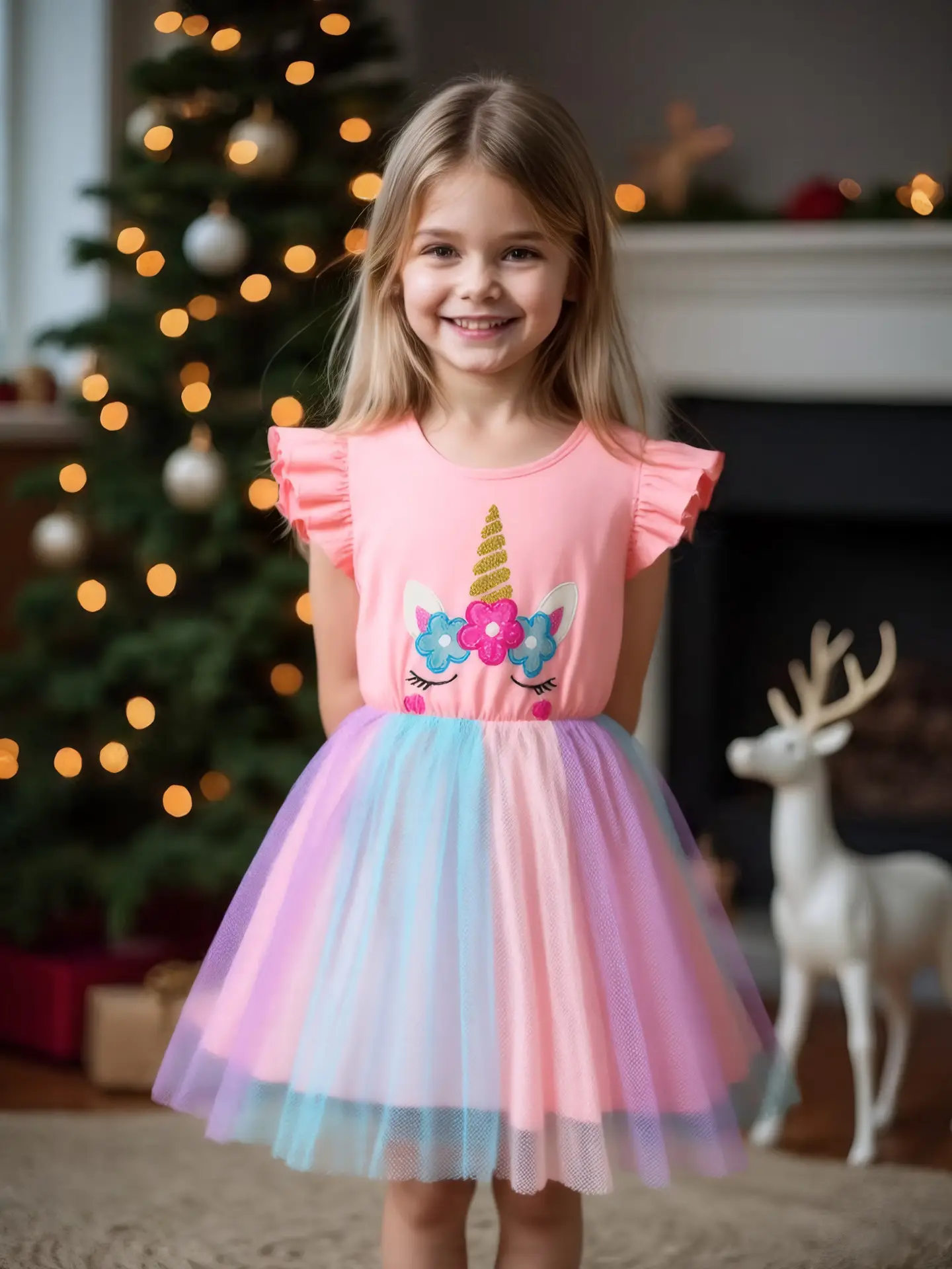 Girls Unicorn Mesh Dress Pink Blue 2025 Summer — feature 3