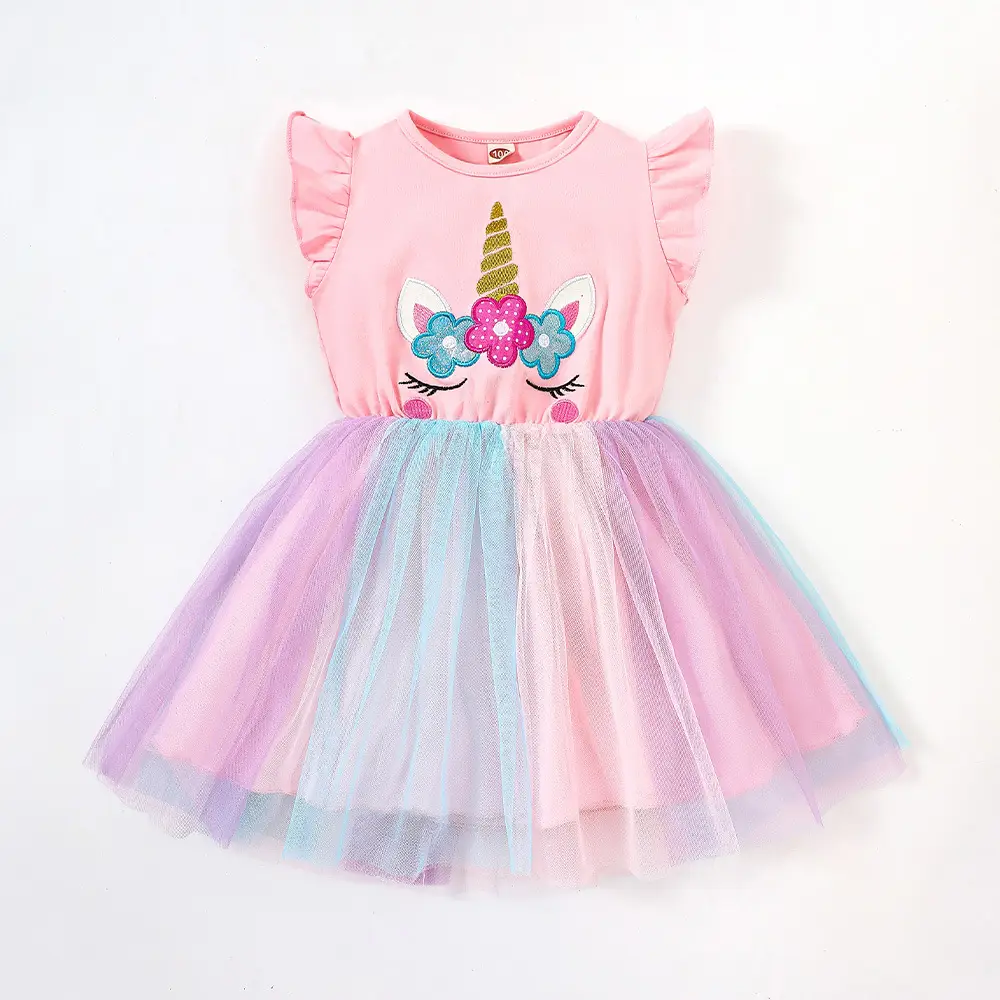 Girls Unicorn Mesh Dress Pink Blue 2025 Summer - Image 2