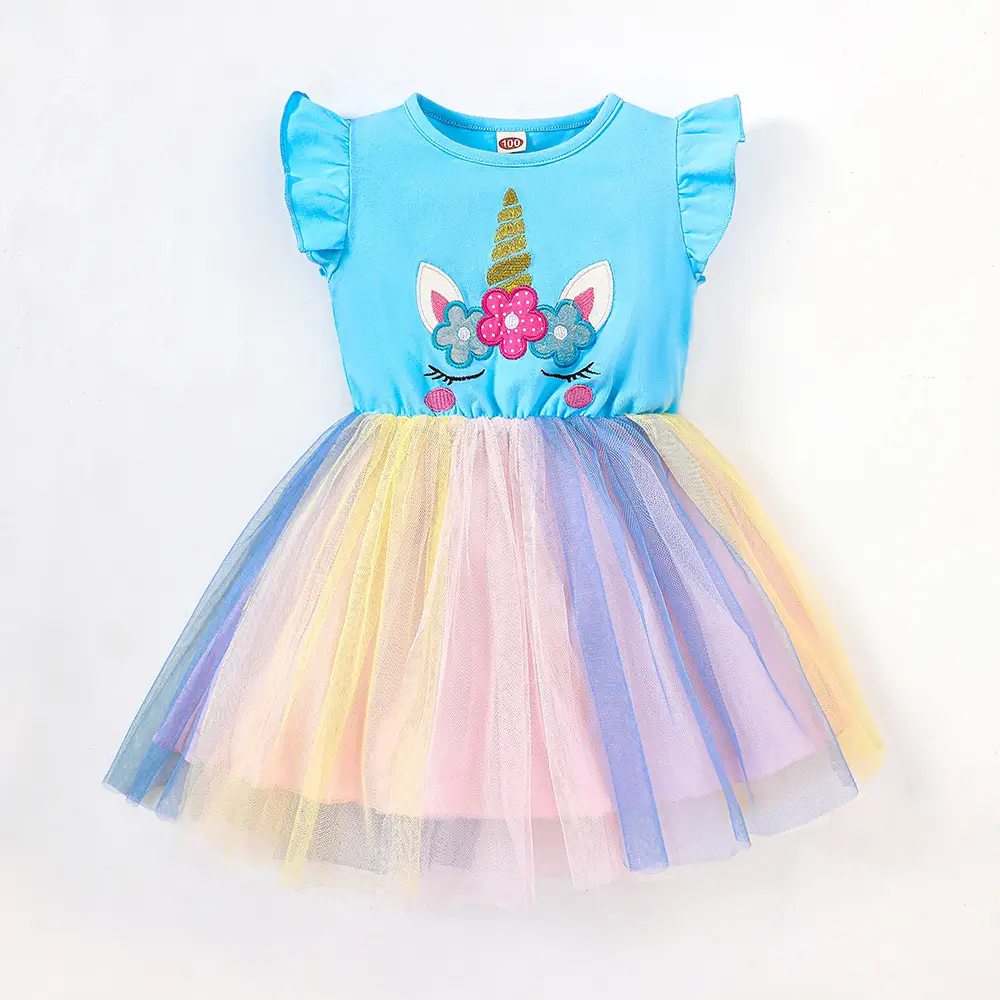 Girls Unicorn Mesh Dress Pink Blue 2025 Summer - Image 3