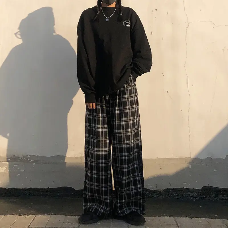 Women Plaid Wide Leg Pants Korean Style Loose Fit