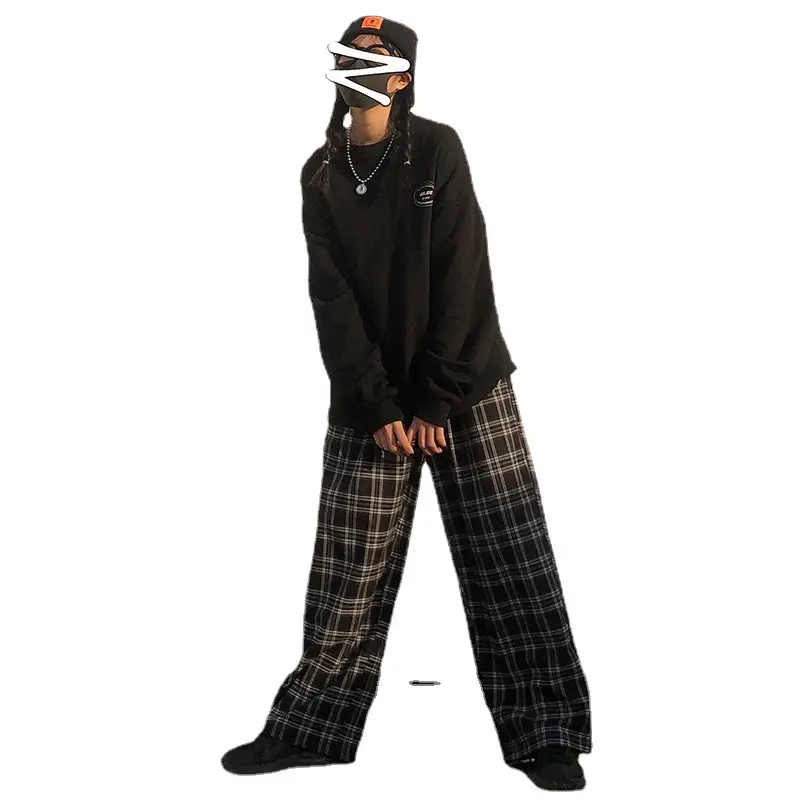 Women Plaid Wide Leg Pants Korean Style Loose Fit